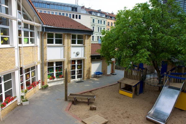 Das großzügige Aussenspielgelände wird bei Wind und Wetter genutzt.
