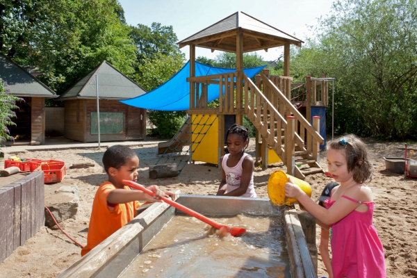 Jeder Bereich des Außengeländes lädt die Kinder zum Erforschen, Experimentieren und Entdecken ein, wie z.B. beim Umgang mit Wasser und Sand.