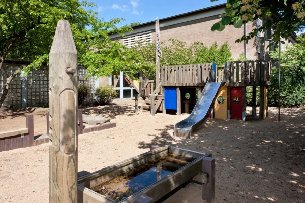 In dieser Außenspielanlage befindet sich ein Sandbereich mit einem Piratenschiff zum Klettern, Rutschen und Hangeln und eine Wassermatschanlage.