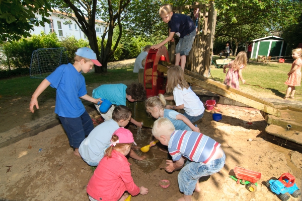 Zudem haben die Kinder die Möglichkeit durch verschiedene Spielgeräte (Wassermatschanlage, uvm.) ihren Bewegungsdrang voll auszuleben und ihre Sinne zu fördern.